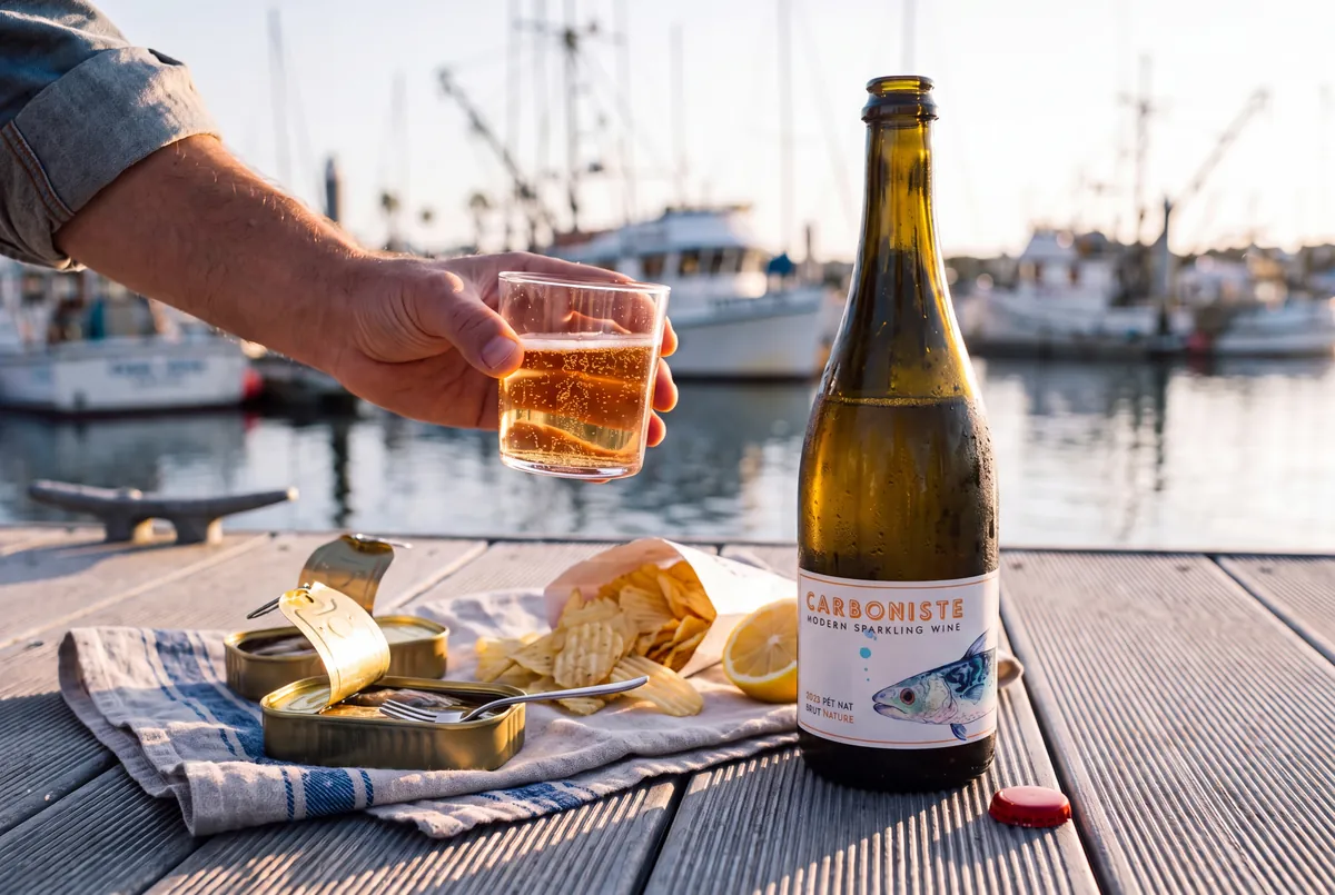 A bottle of 2023 Carboniste Mackerel pét-nat on a fishing dock at golden hour with open tins of fish, chips in a paper cone and a glass of copper sparkling wine