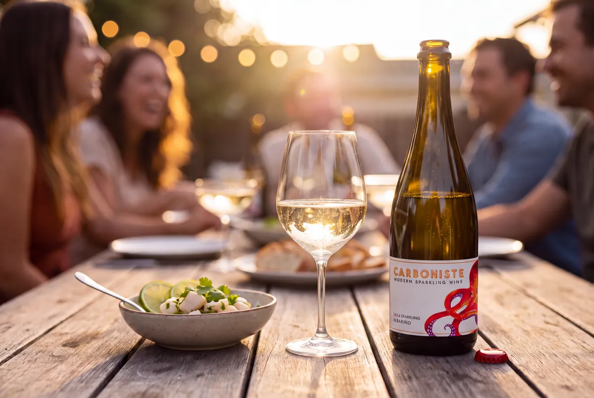 A bottle of 2024 Carboniste Octopus sparkling Albariño with a glass of sparkling wine and a bowl of scallop ceviche on a patio table at golden hour, friends laughing in the background