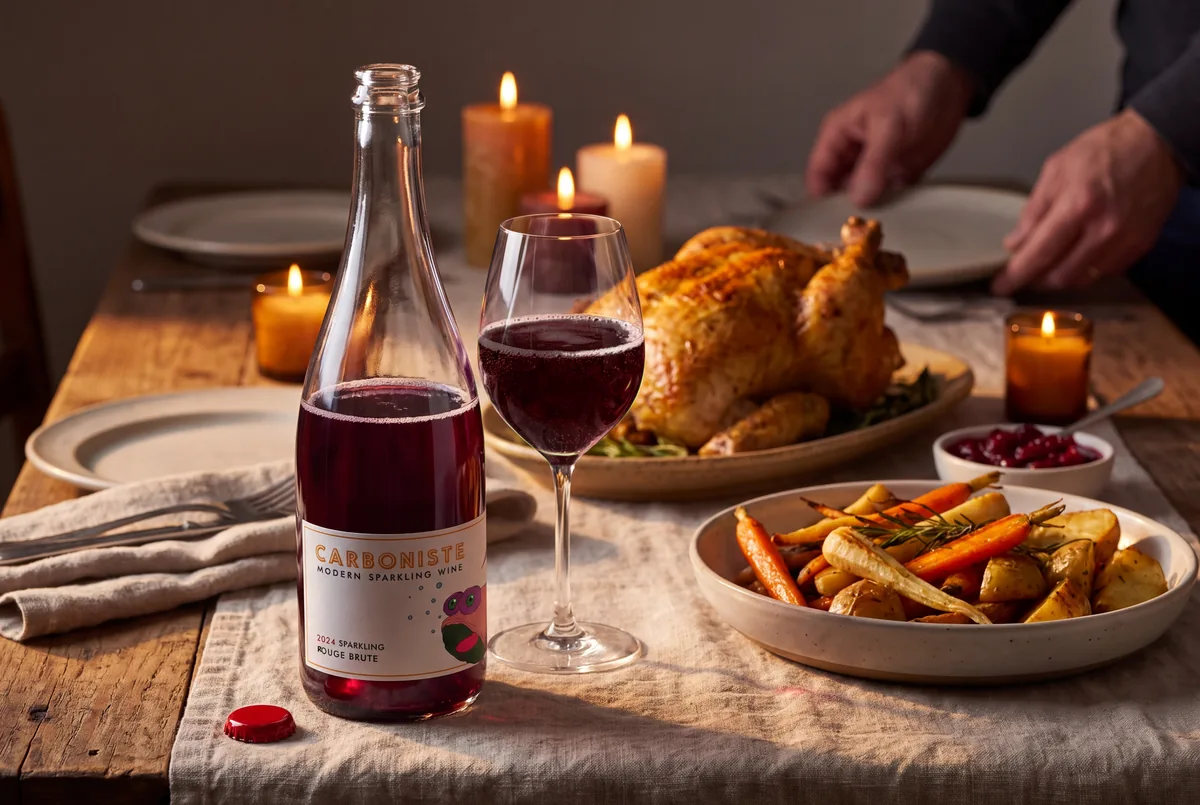 An open bottle of 2024 Carboniste Rouge Brute sparkling red with a glass of it on a candlelit autumn dinner table with roast chicken, roasted vegetables and cranberry sauce