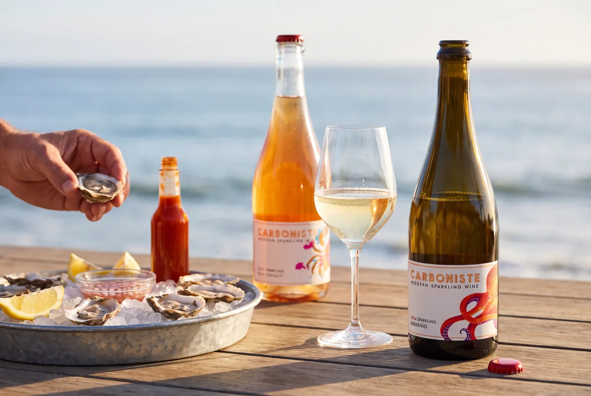 An open bottle of 2024 Carboniste Octopus sparkling Albariño on a seaside deck at golden hour with raw oysters on ice, lemon, mignonette and hot sauce, a glass of sparkling wine, and a bottle of Crab sparkling orange wine behind it