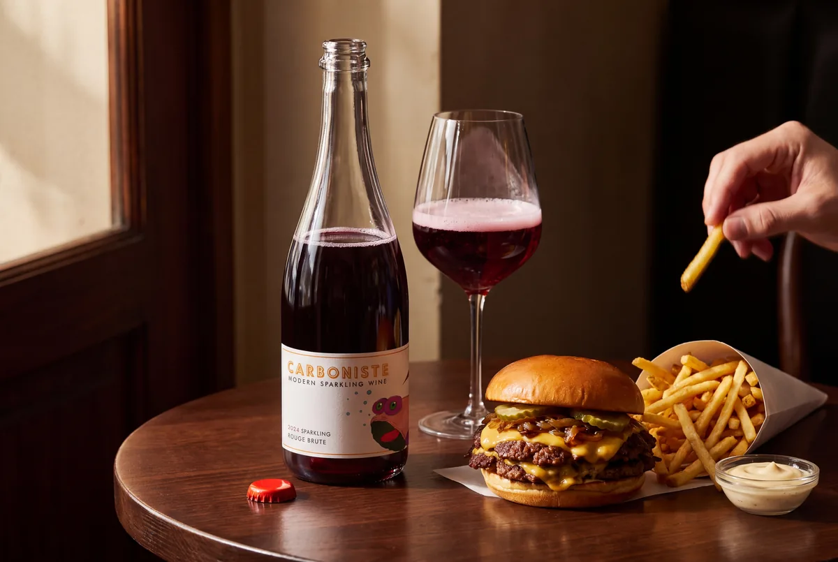 An open bottle of 2024 Carboniste Rouge Brute sparkling red with a glass of dark ruby sparkling wine, a cheeseburger and shoestring fries on a wooden bistro table