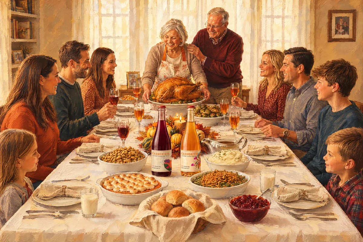 A painted multi-generational family Thanksgiving: grandparents serving a roast turkey at the head of the table, family on both sides with glasses of wine, children with glasses of milk, stuffing, sweet potato casserole, green bean casserole, cranberry sauce, rolls and bottles of Carboniste Rouge Brute and Crab