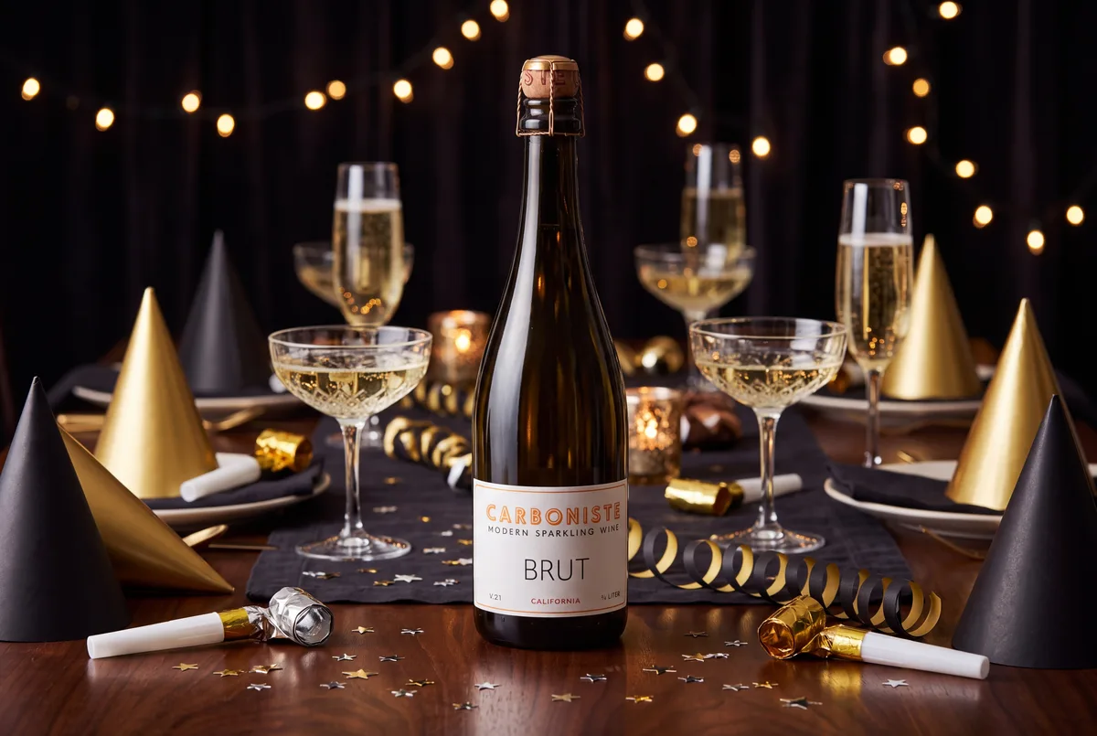 A bottle of Carboniste V21 "Solera" Brut on a party table with New Year's Eve party hats, noisemakers and glasses of sparkling wine