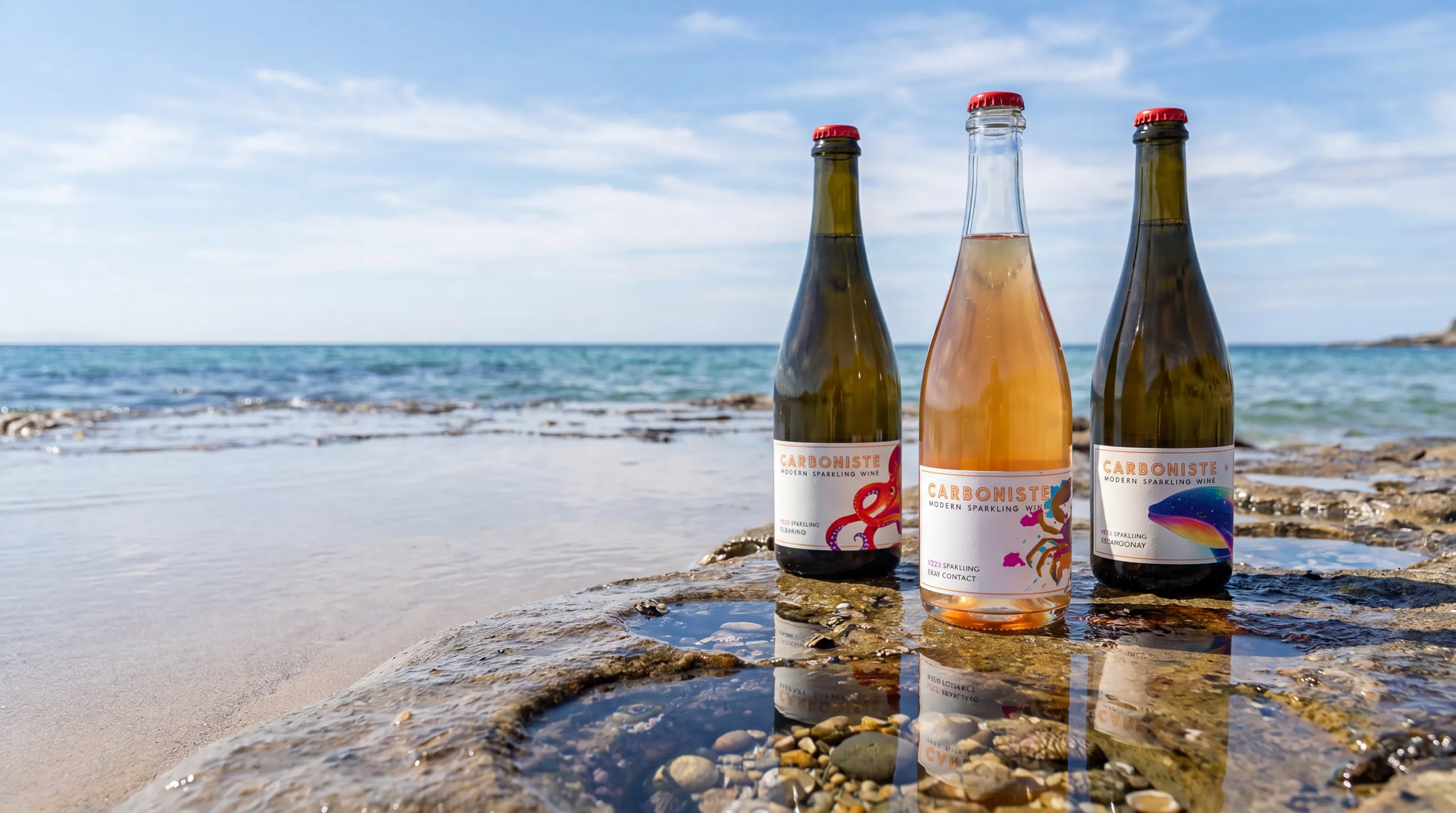 Three bottles of Carboniste sparkling wine standing in a tide pool on the California coast